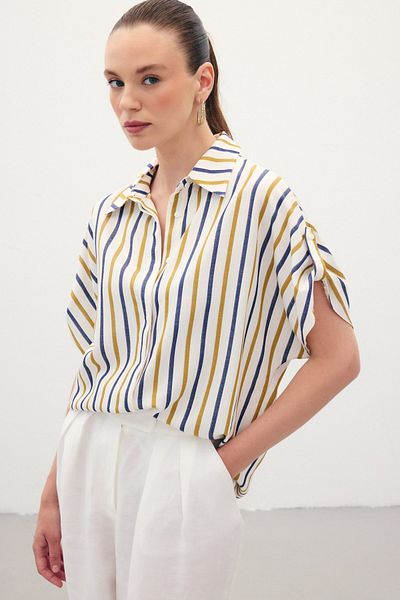 Sateen Πουκάμισο με ρίγες από μείγμα λιναριού - Navy Blue