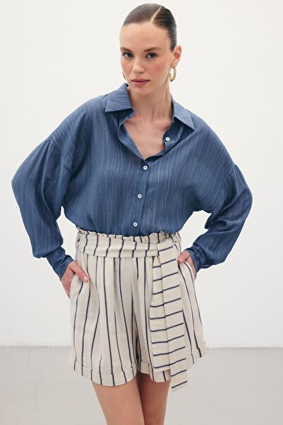 Sateen Çizgili Keten Şort - Lacivert