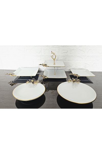 atabey home Porcelain 5 Piece Presentation Plate & Cookie Plate & Footed Presentation Plate Set Papatya Black Cast