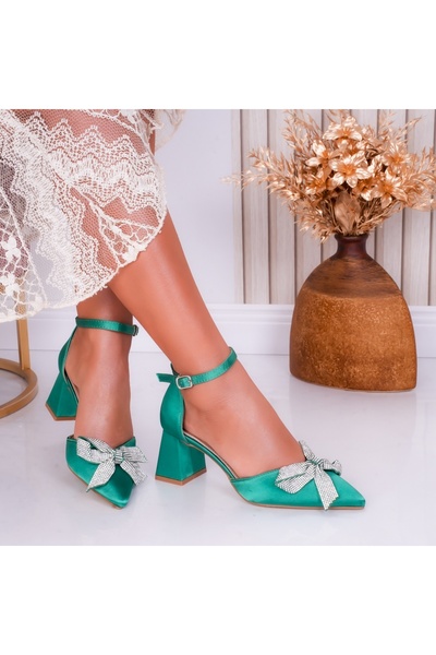 MODA STİL Women's Green Satin Heeled Shoes Enzo, 38