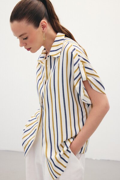 Sateen Keten Karışımlı Çizgili Gömlek - Lacivert