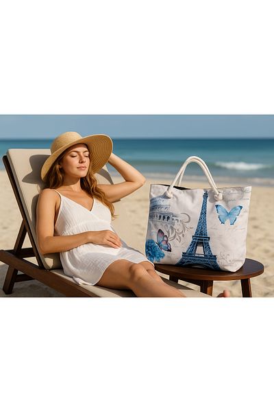 Lio20 Women's Strap Colorful Patterned Pool Holiday Beach Bag-Polyester-Eiffel Tower Model