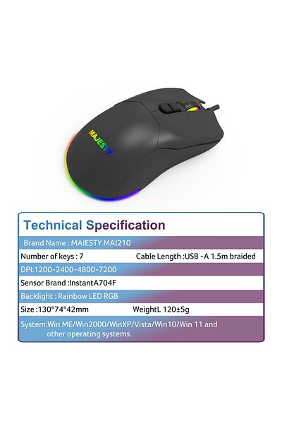 majesty Wired Optical Gaming Mouse 7200 DPI with 7 Programmable Buttons and RGB Backlight