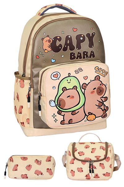 Just Polo JP 3-Piece Primary School Capybara Printed School Bag with Girl's Nutrition and Pen Holder Just Polo