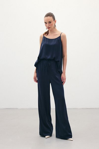 Sateen Casual παντελόνι με κορδόνια - Navy Blue