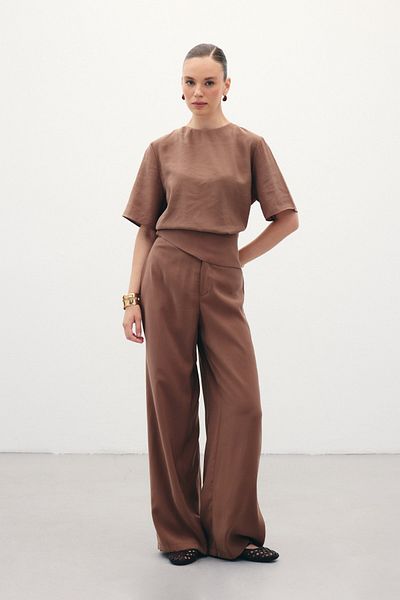 Sateen Belt Detailed Modal Trousers - Brown