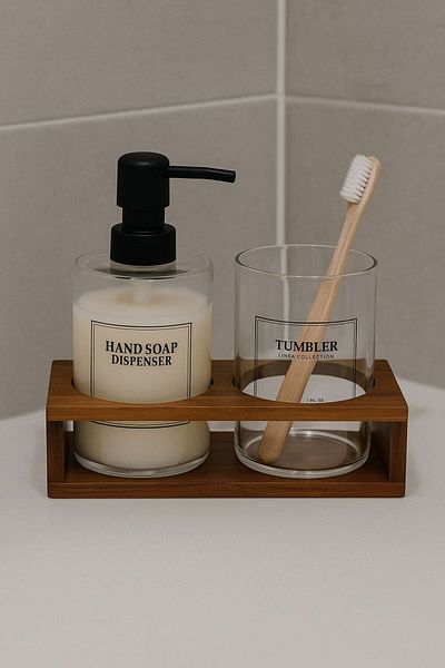 ERKUGO Acacia Stand Tumbler Glass Soap Dispenser and Toothbrush Holder Set, Bathroom Liquid Soap Dispenser 430ml