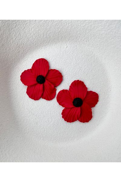 ACCESSORY Black Detail Red Flower Design Earrings Big Polymer Clay Earrings