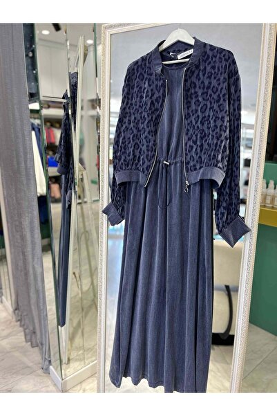 MERAM BUTİK PUANE LEOPAR DESENLİ İPEK CUPRA ELBİSE 12612 - LACİVERT - L