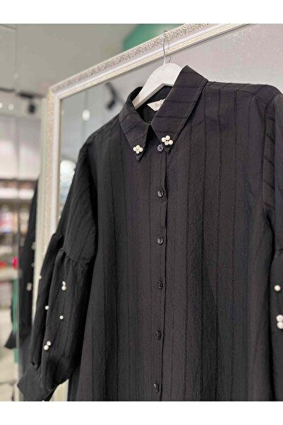 MERAM BUTİK Tri̇pen Tunic with Bead Detail 3107 - Black - 2