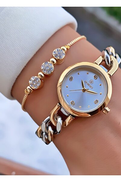 Homies Çift Renk Kadın Kol Saati & Taşlı Bileklik Hediyeli – Altın Gümüş Kord...