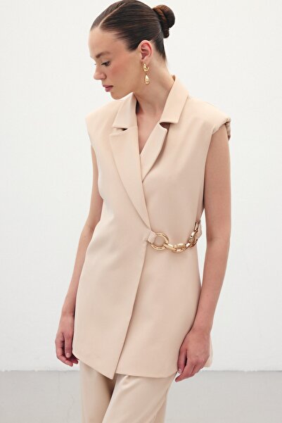 Sateen Yan Aksesuarlı Uzun Yelek - Bej