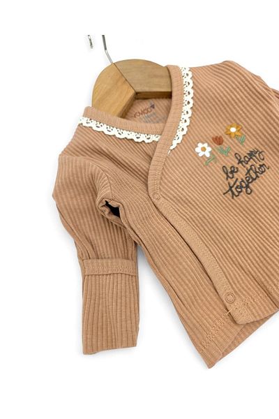 Ege Bebek Baby Girl 0-3 Months Flower Embroidery Detailed, Self-Gloves, Bandana 3 Piece Hospital Release Bodysuit S