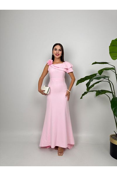 maf collection Women's Pink Floral Drape Detail Long Evening Dress Homecoming Dress
