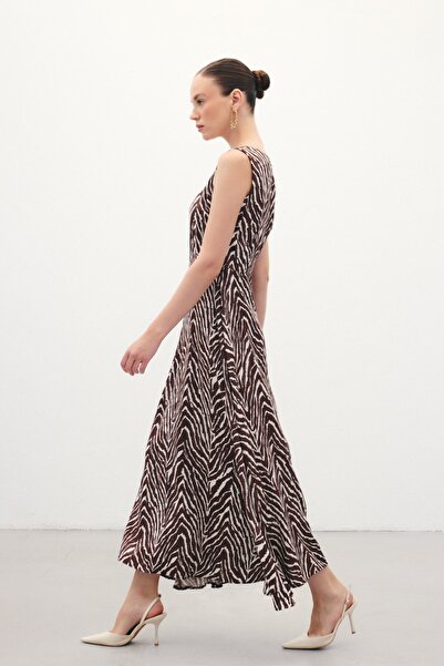 Sateen Φόρεμα με μοτίβο ζέβρας με τετράγωνο γιακά - Καφέ