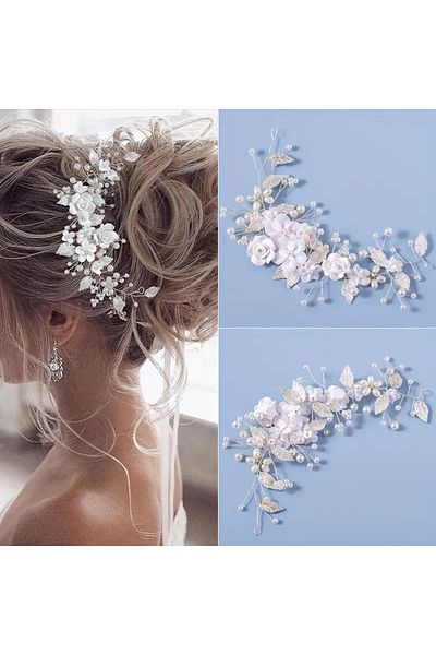 seltuğ Floral Pearl Bridal Hair Accessory Leaf Hairband