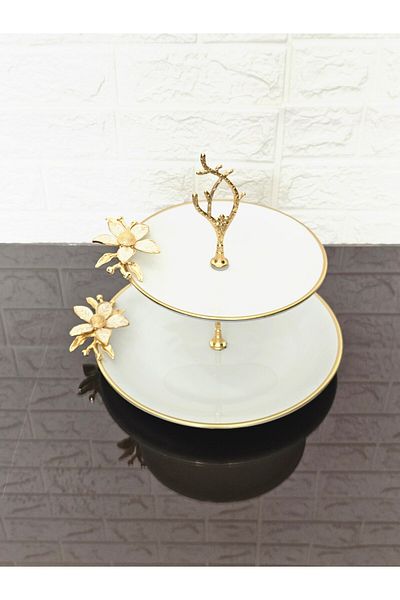 atabey home Porcelain 4-Piece Presentation Plate & Cookie Plate & Footed Presentation Plate Round Set - White Daisy Cast
