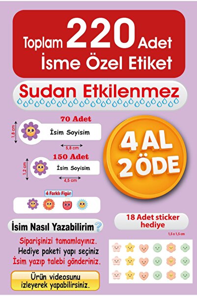 Foldart İsme Özel Çiçek Temalı Okul Etiketi 220 Adet | Suya Dayanıklı Kalem D...