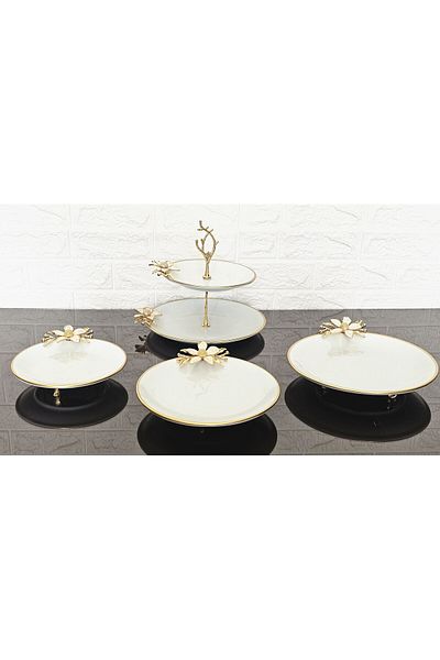 atabey home Porcelain 4-Piece Presentation Plate & Cookie Plate & Footed Presentation Plate Round Set - White Daisy Cast