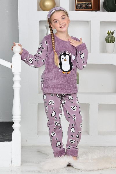 Mutlu City New Season Autumn/Winter Girls' Penguin Patterned Fleece Pajama Set 4994