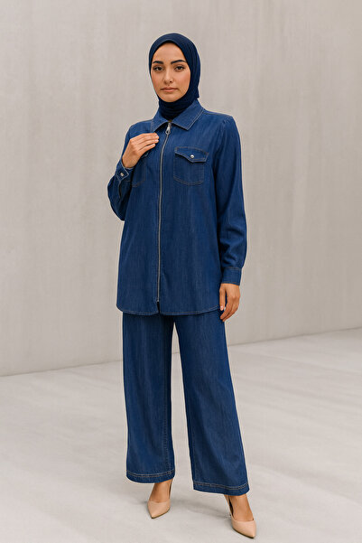 Doque 56042 ÖNÜ FERMUARLI CEP GÖRÜNÜMLÜ GÖMLEK YAKA KOL UCU MANŞETLİ BELİ LASTİKLİ TANSEL İKİLİ TAKIM #06