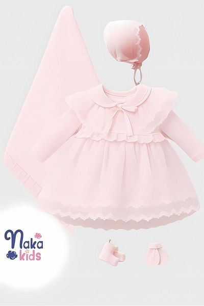 Naka Concept Lacy Pink Baby Girl 5 Piece Hospital Discharge Set – Tulle Dress,