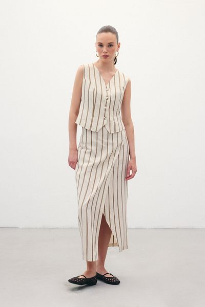 Sateen Striped Linen Skirt - Camel