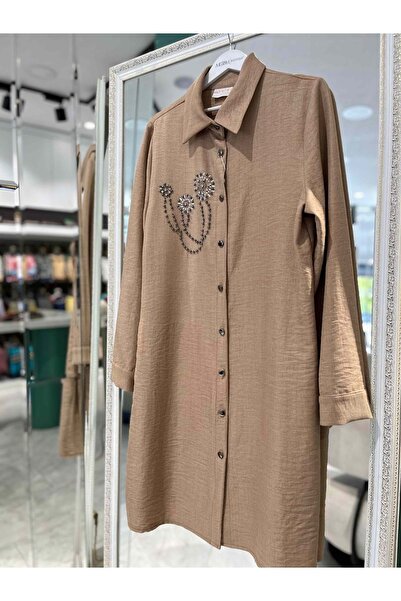 MERAM BUTİK Yelda Linen Tunic 1059 - Mink - 50