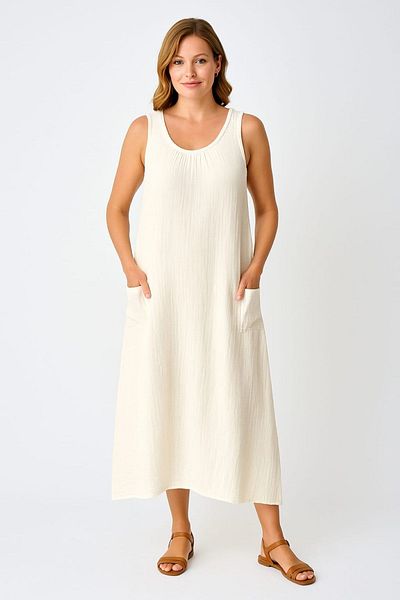 enmodaiçgiyim Rochie de damă din țesătură muselină cremă 100% bumbac cu buzunar lung – model confortabil și elegant de vară
