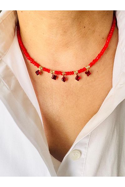 DEVİ fashion Red Natural Stone Design Necklace 43 cm