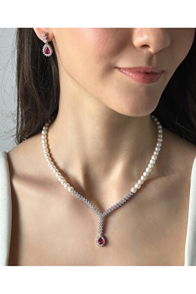 İLK İNCİ TAKI Gerçek Doğal İnci Set – ST039 Kırmızı Yakut