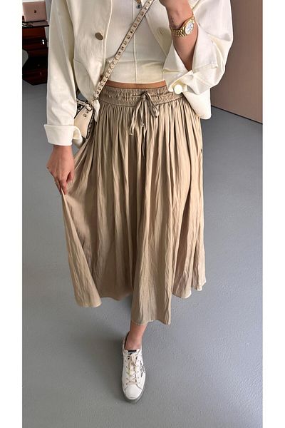 Sezgi Tekin Waist Elastic Wrinkled Texture Satin Midi Stone Skirt