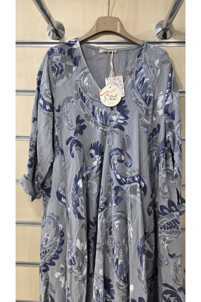 Park Moda Italian Linen Long Dress Shawl Pattern V-Neck