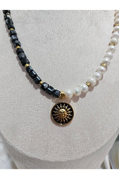 İNCİORA JEWELRY GERÇEK İNCİ OBSİDYEN TAŞLI KOLYE