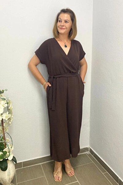 Mia Butik Women's Brown Double Breasted Collar Jumpsuit