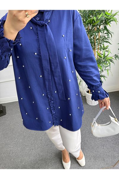 Nisa Nalbantoğlu Navy Blue Stone Detailed Poplin Shirt