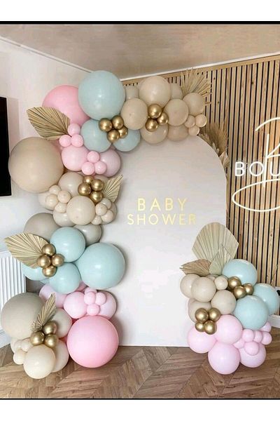 Ezgi Party Store Party Set with 100 Balloons Sand Beige Blue Pink and Chrome Gold Balloons Birthday Concept