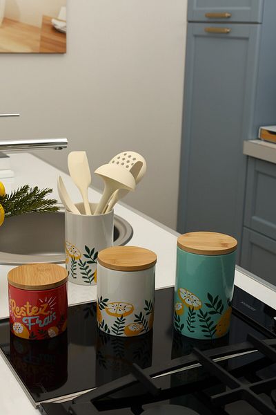 color house Set of 4 Lemon Ceramic Jars Sugar Bowl Tea Coffee Storage Container Spice Jar