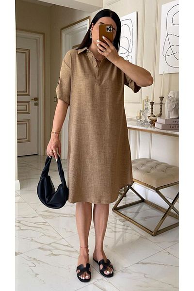MARE BUTİK Natural Textured Buttoned Linen Dress - Mink