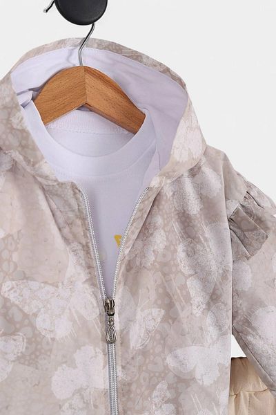 Ege Bebek Baby Girl Butterfly Printed Hooded Raincoat, Jacket, Seasonal, 2 Thread Bottom Top 3 Piece Set