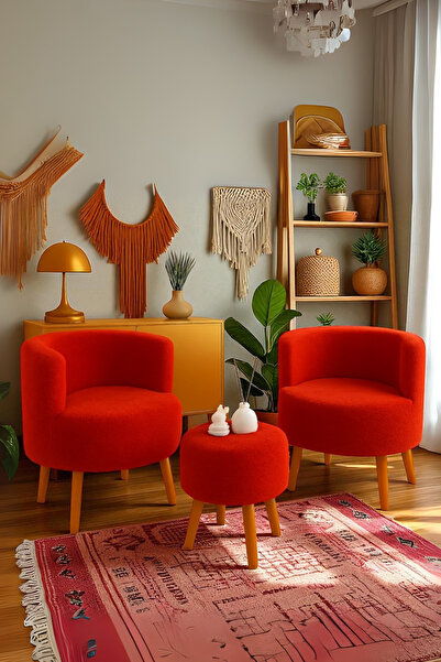 WoodyMaison MANOLYA Berjer Seti İkili Koltuk ve Puf Takımı Oturma odası balko...