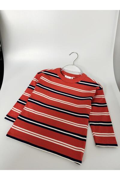 Magu Boy's Cotton Orange Navy Blue Striped Long Sleeve T-Shirt - Crew Neck