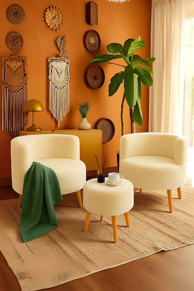 WoodyMaison MANOLYA Berjer Seti İkili Koltuk ve Puf Takımı Oturma odası balko...