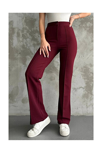 deqfashion Bordo Yüksek Bel Toparlayıcı Likralı Palazzo Pantolon