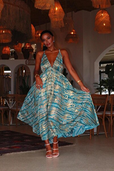 Anastasias Atelier Bohem İpek Etnik Desenli Renkli Altın Varaklı Omuzu Ayarla...