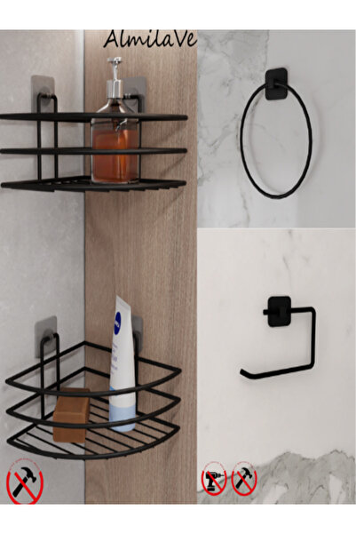 Egem Home Siyah Yapışkanlı 2 Adet Banyo Köşeliği Halka Havluluk ve Tuvalet Ka...