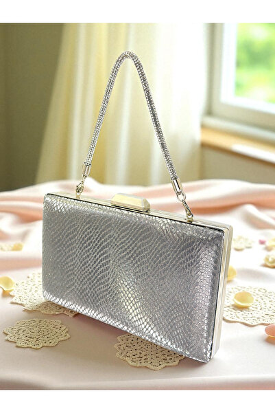 Wedding Fashion Geantă elegantă pentru femei, antracit gri, culoare platină, model șarpe laser, ideală pentru nuntă, logodnă sau seri speciale.