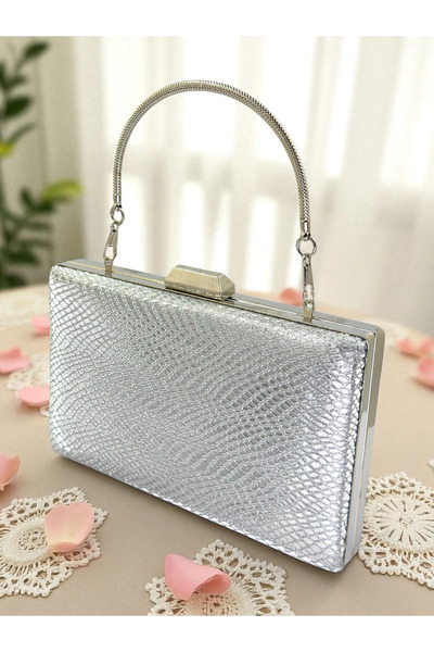 Wedding Fashion Geantă de seară, gri argintiu, cu model de șarpe laser, din m...