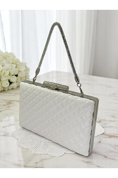 Wedding Fashion Mâner din piatră din piele lacuită albă de lux, cu model matlasat, geantă de rochie de seară pentru femei, nuntă, logodnă, absolvire