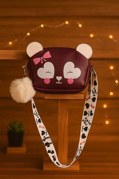 ZİVORA Girl's Faux Leather Crossbody Bag with Panda Figure and Pompom Detail